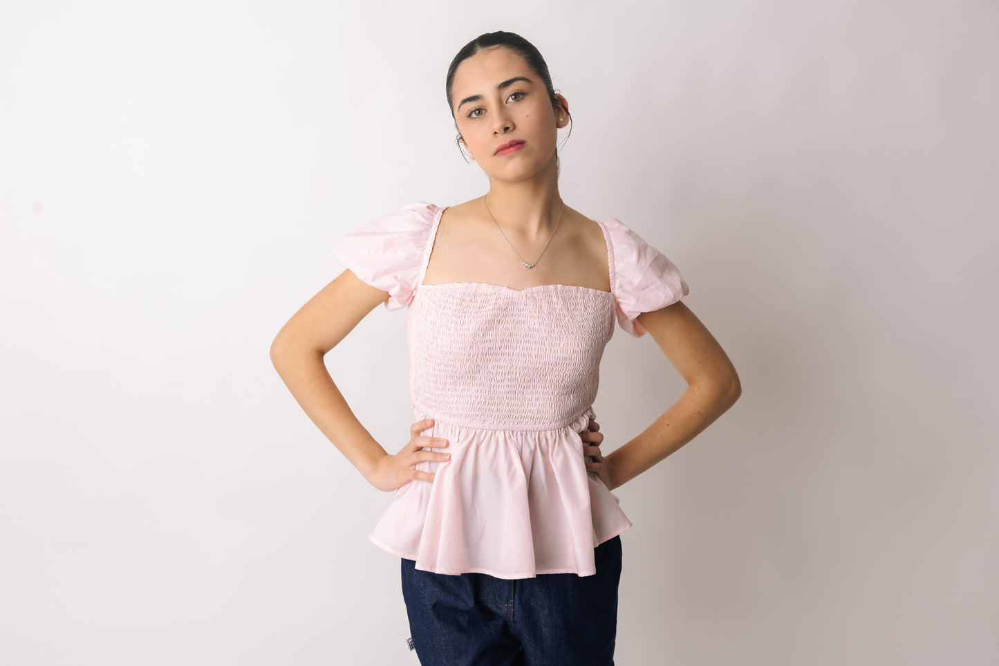 Puff-Sleeve Smocked Back-Tie Top prettied