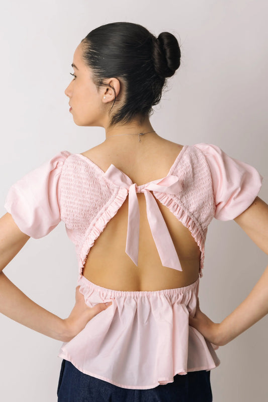 Puff-Sleeve Smocked Back-Tie Top prettied