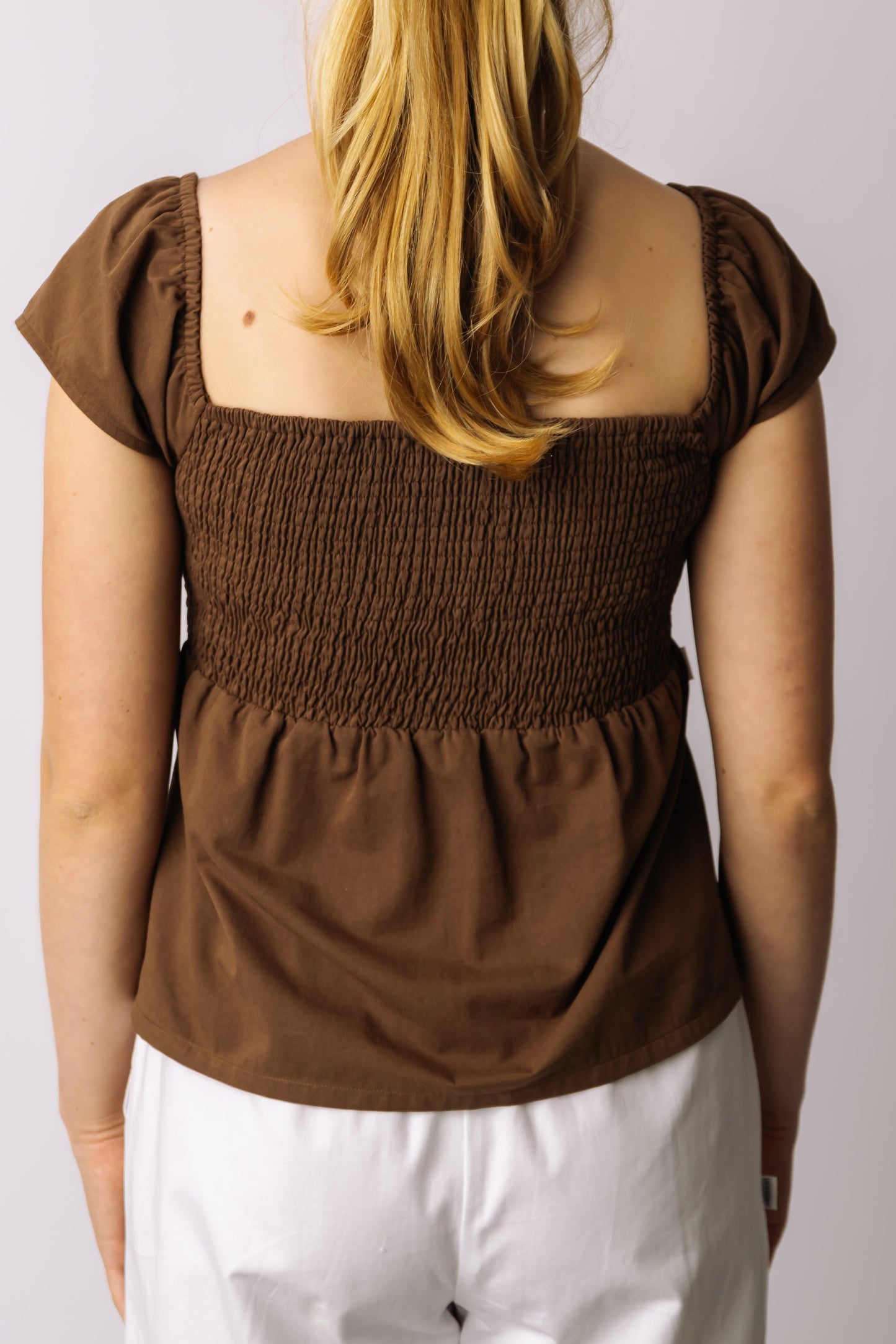 Smocked-Back Flutter Top Brown prettied