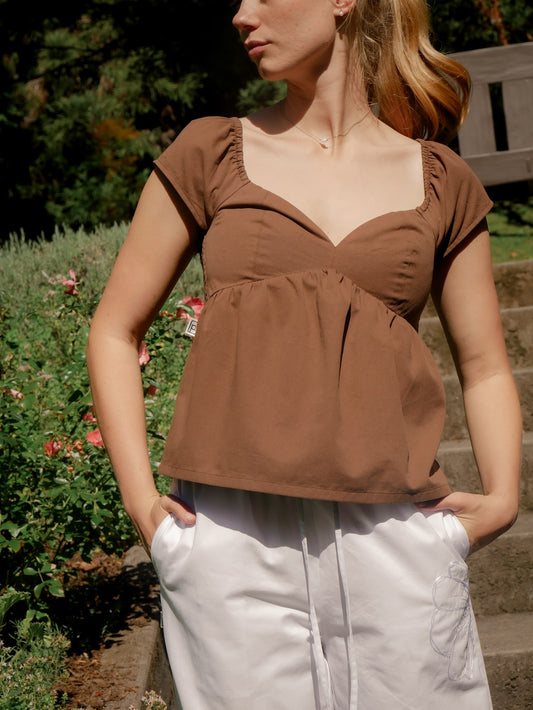 Smocked-Back Flutter Top Brown